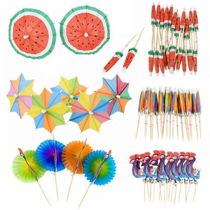Colourful paper umbrella cake toppers in various patterns, including cartoon animals, flowers, and food items.