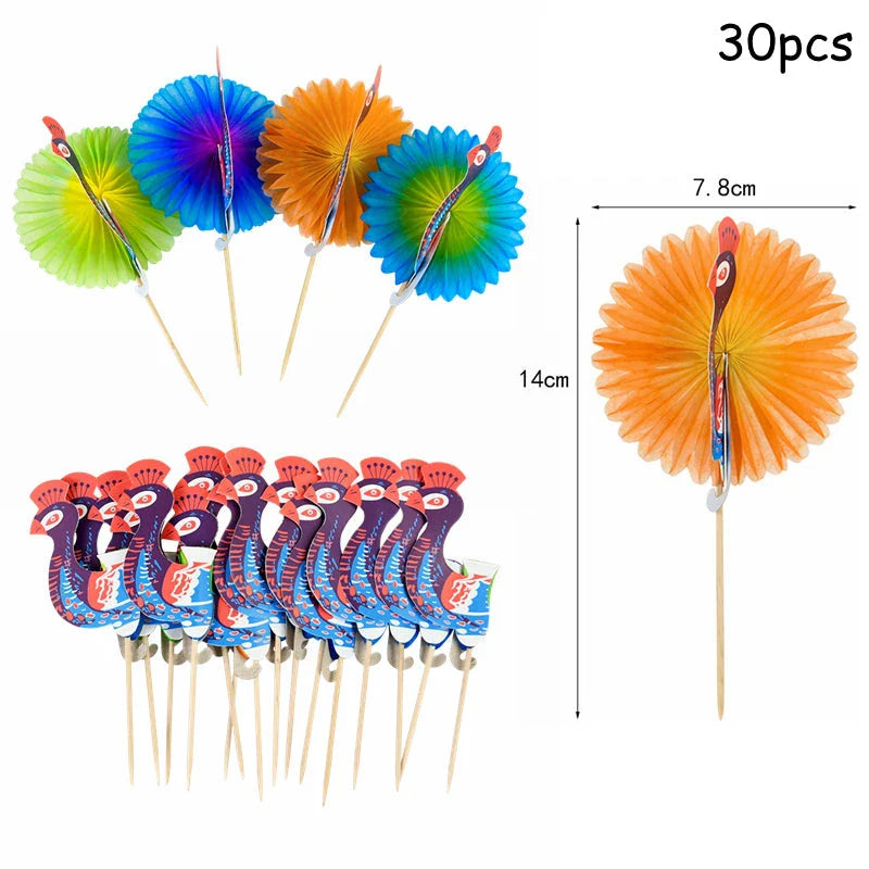 Colourful paper umbrella cake toppers in various patterns, including cartoon animals, flowers, and food items.