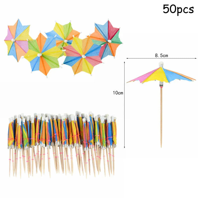 Colourful paper umbrella cake toppers in various patterns, including cartoon animals, flowers, and food items.
