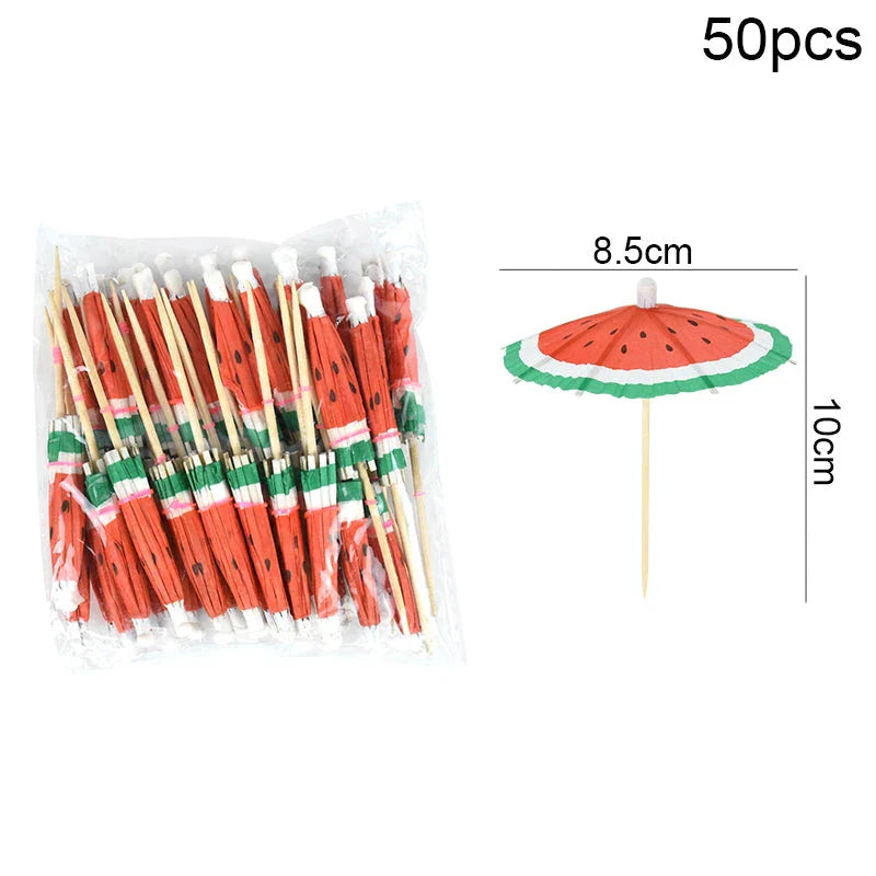 Colourful paper umbrella cake toppers in various patterns, including cartoon animals, flowers, and food items.