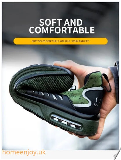 Pair of Air Cushion Shock-Absorbing Steel Toe Safety Shoes in various colours, including olive green, sky blue, and sea gold