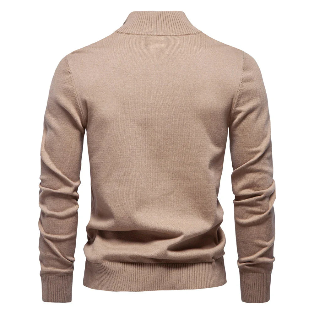 Autumn and Winter Half Zipper Sweater in various colours, including green, dark blue, khaki, and light grey