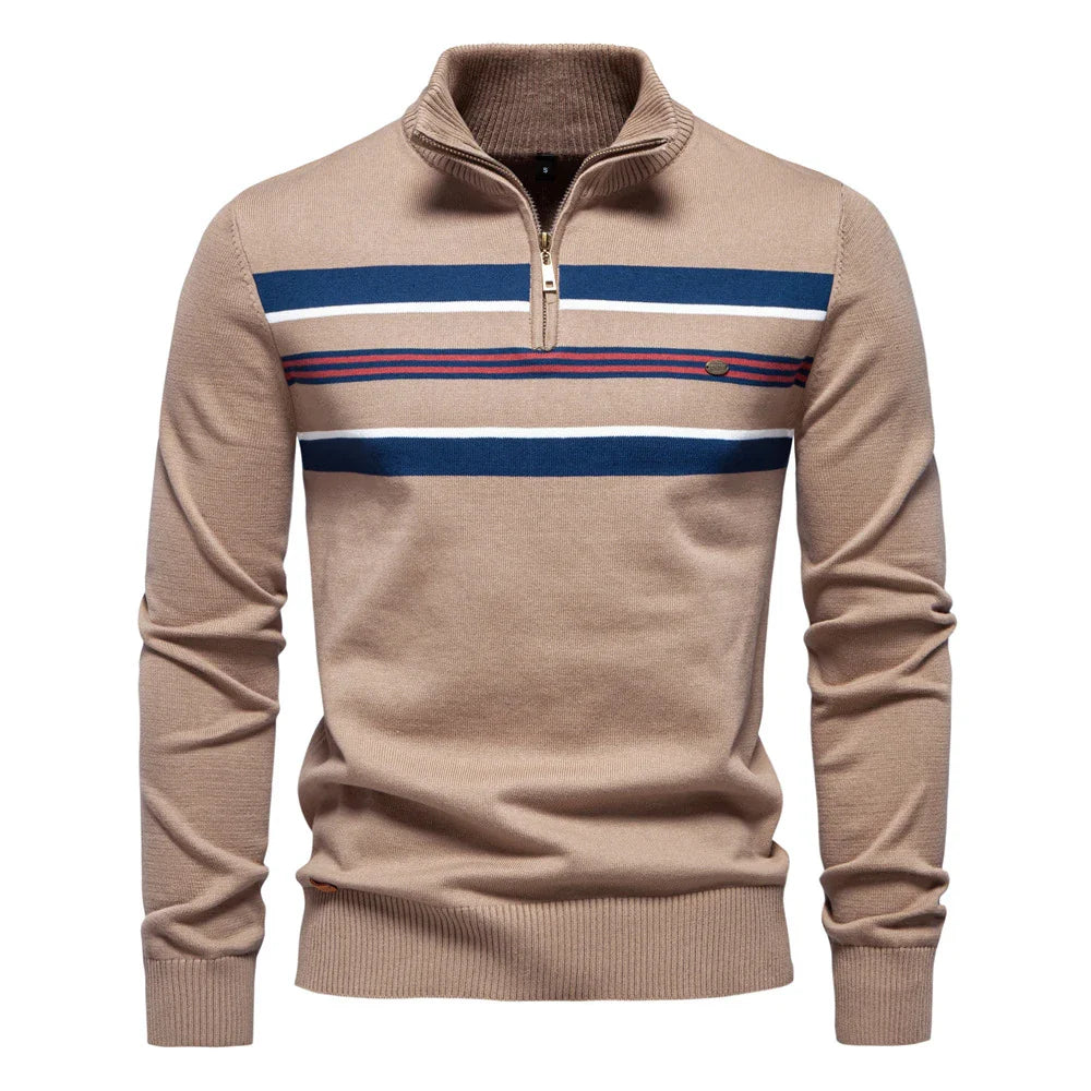 Autumn and Winter Half Zipper Sweater in various colours, including green, dark blue, khaki, and light grey