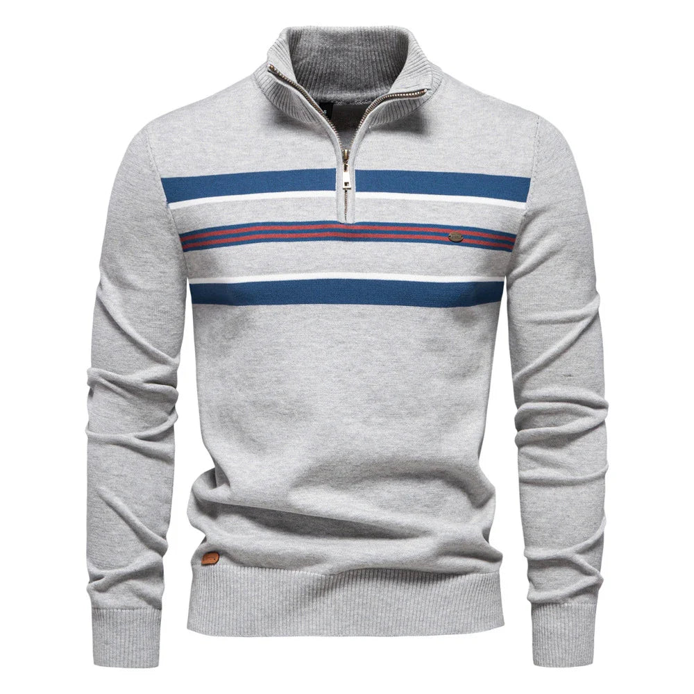 Autumn and Winter Half Zipper Sweater in various colours, including green, dark blue, khaki, and light grey