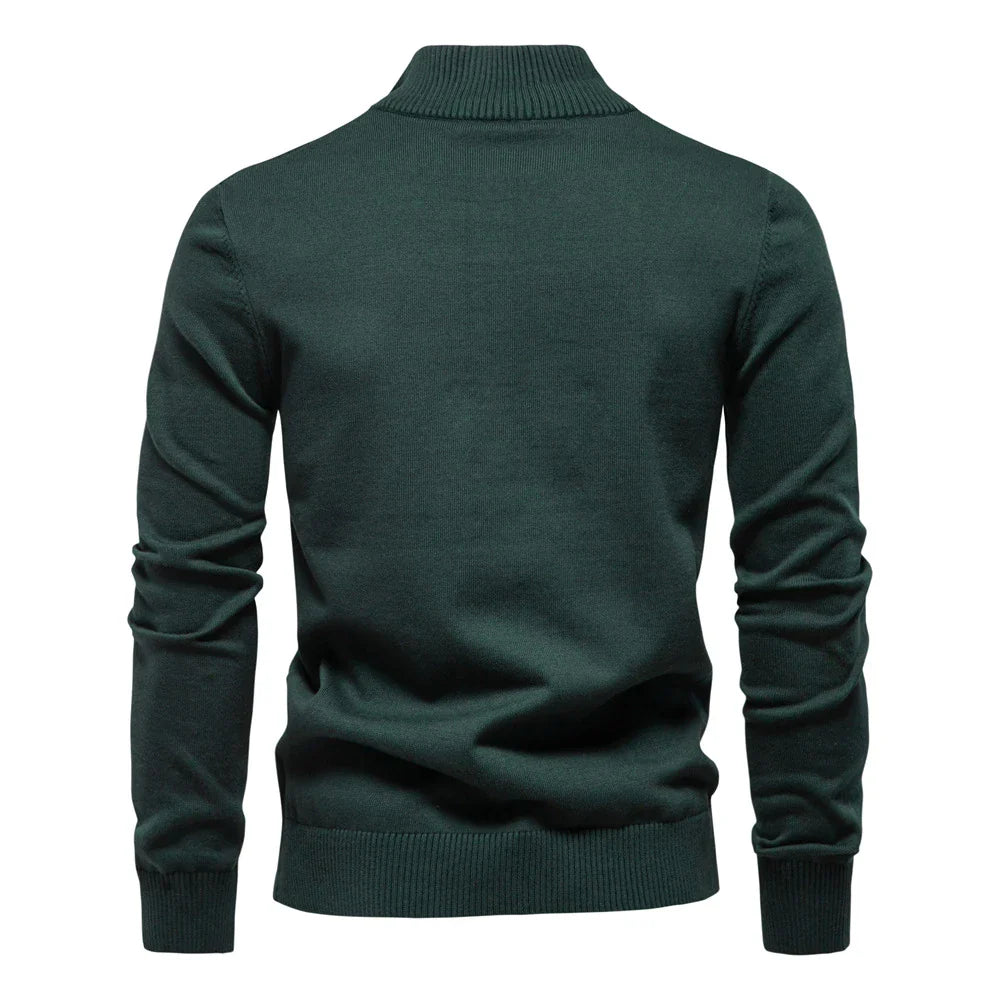 Autumn and Winter Half Zipper Sweater in various colours, including green, dark blue, khaki, and light grey