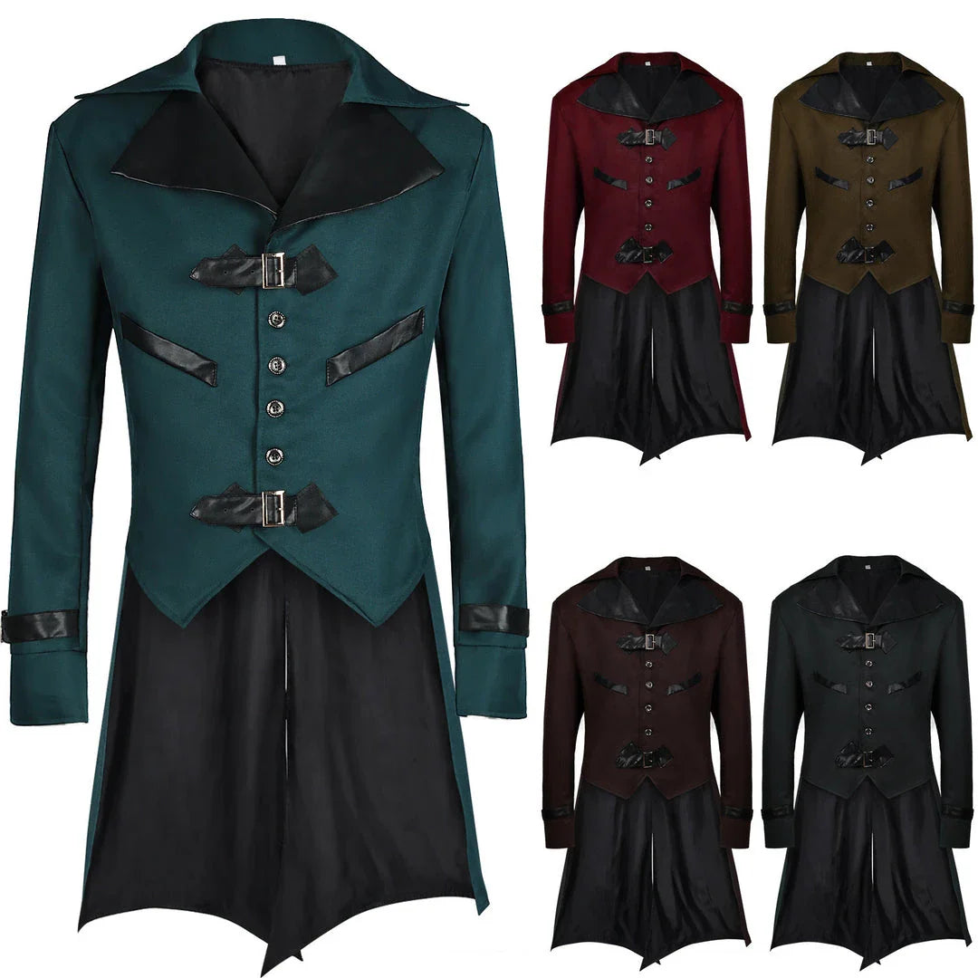 A model wearing a green Halloween-themed dovetail punk gothic coat with a sophisticated, edgy design