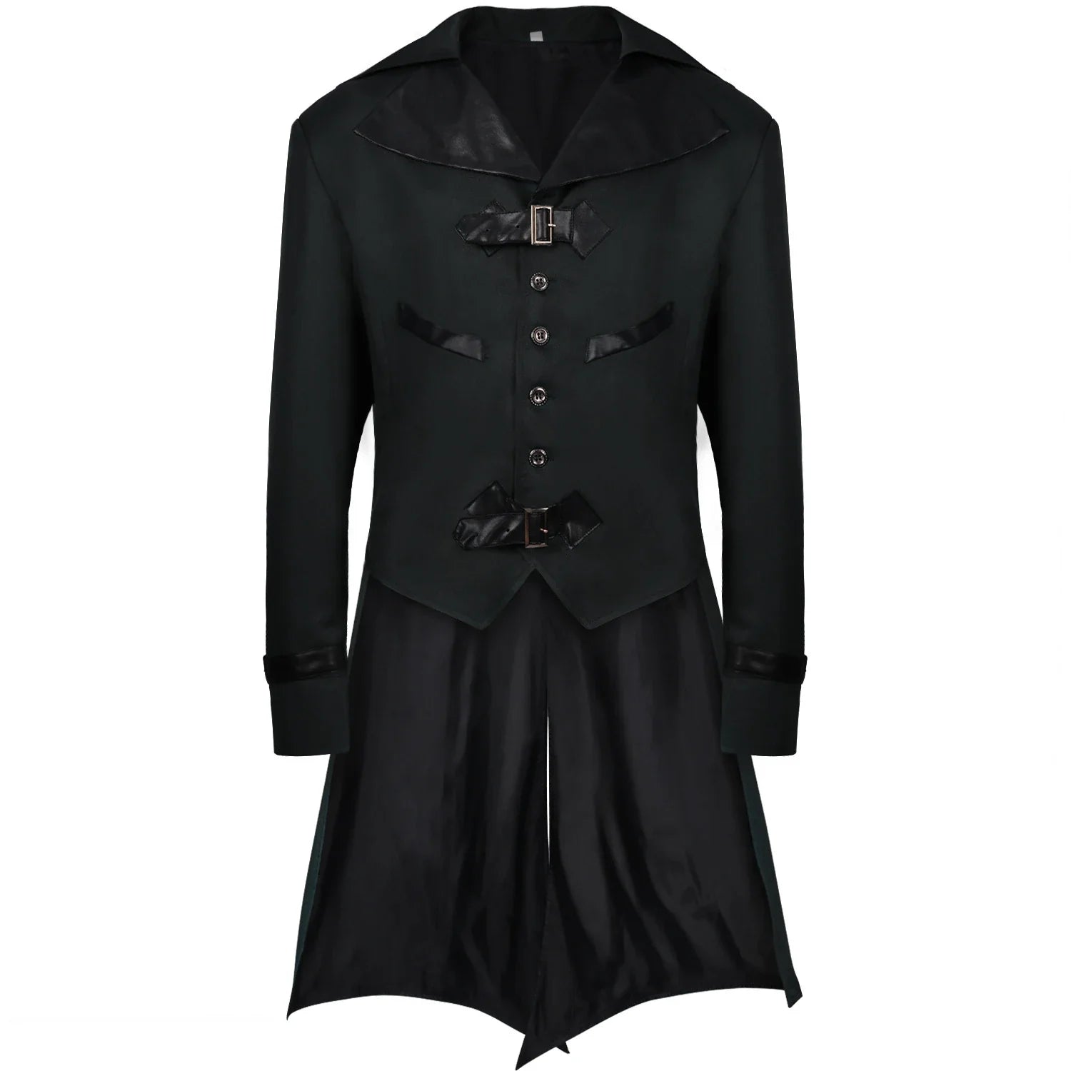 A model wearing a green Halloween-themed dovetail punk gothic coat with a sophisticated, edgy design
