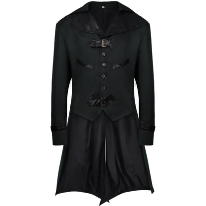 A model wearing a green Halloween-themed dovetail punk gothic coat with a sophisticated, edgy design