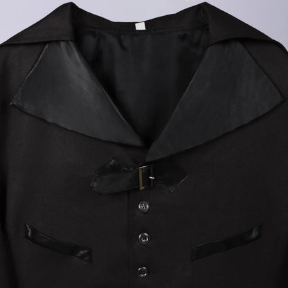 A model wearing a green Halloween-themed dovetail punk gothic coat with a sophisticated, edgy design