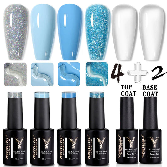 6Pcs Gel Nail Polish Set with a sophisticated palette of gray, glitter, and blue shades for creating elegant and long-lasting manicures