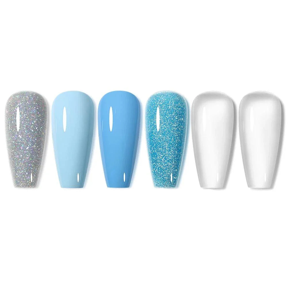 6Pcs Gel Nail Polish Set with a sophisticated palette of gray, glitter, and blue shades for creating elegant and long-lasting manicures
