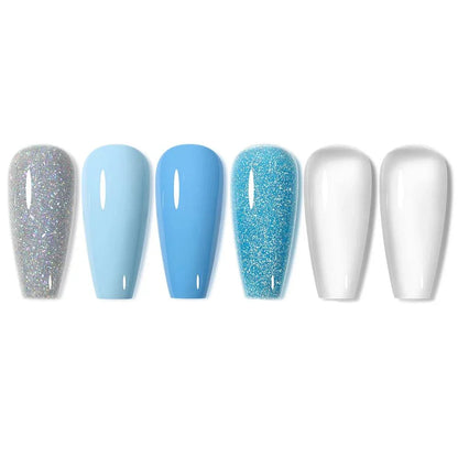 6Pcs Gel Nail Polish Set with a sophisticated palette of gray, glitter, and blue shades for creating elegant and long-lasting manicures