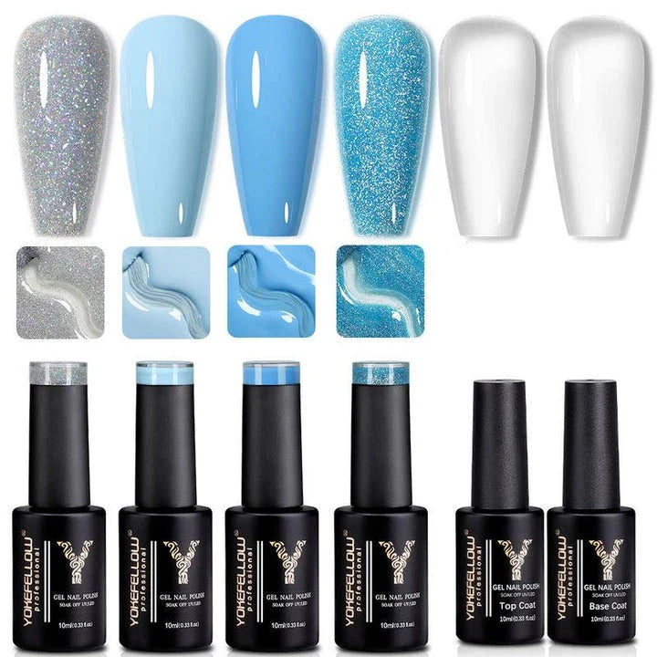 6Pcs Gel Nail Polish Set with a sophisticated palette of gray, glitter, and blue shades for creating elegant and long-lasting manicures