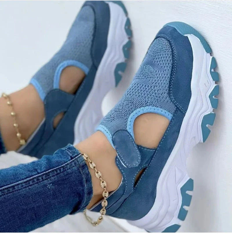 Women's mesh sports shoes in a variety of colours with flat heels and round toes, perfect for outdoor wear and casual activities.