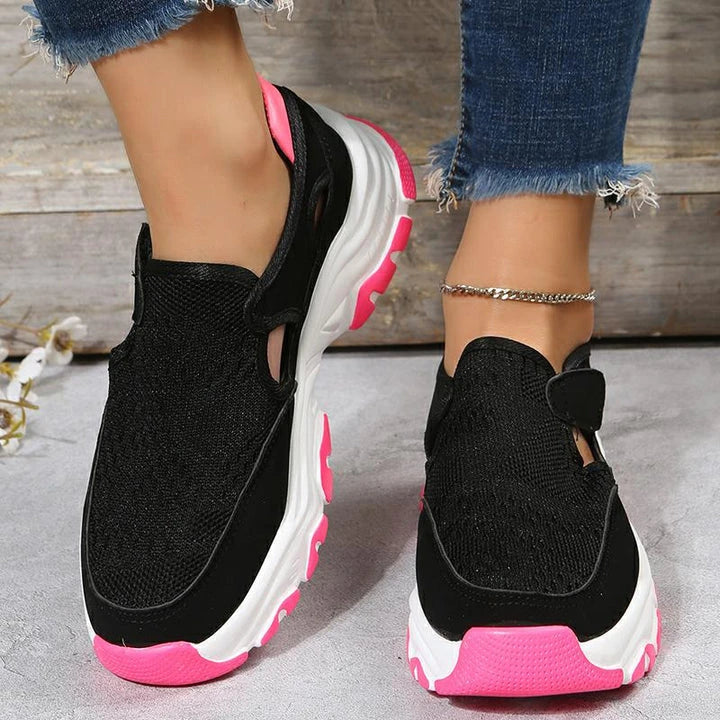 Women's mesh sports shoes in a variety of colours with flat heels and round toes, perfect for outdoor wear and casual activities.