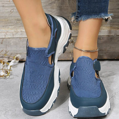 Women's mesh sports shoes in a variety of colours with flat heels and round toes, perfect for outdoor wear and casual activities.