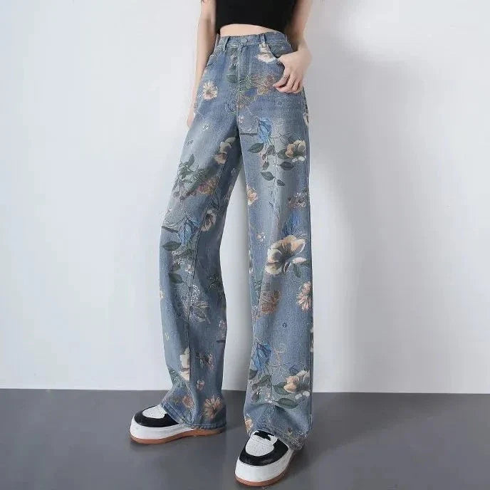 Stylish printed jeans with a high-waist design for a flattering, slimming fit