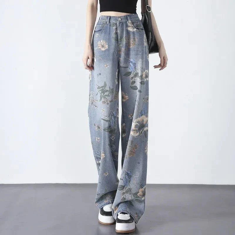 Stylish printed jeans with a high-waist design for a flattering, slimming fit