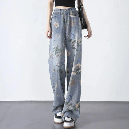 Stylish printed jeans with a high-waist design for a flattering, slimming fit