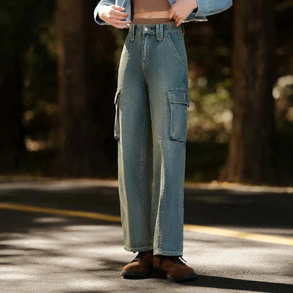 Distressed wide-leg jeans with a retro-inspired design and modern comfort features