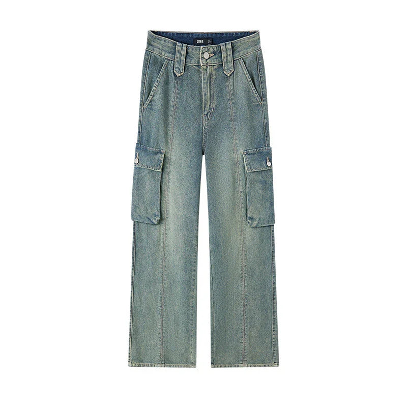 Distressed wide-leg jeans with a retro-inspired design and modern comfort features