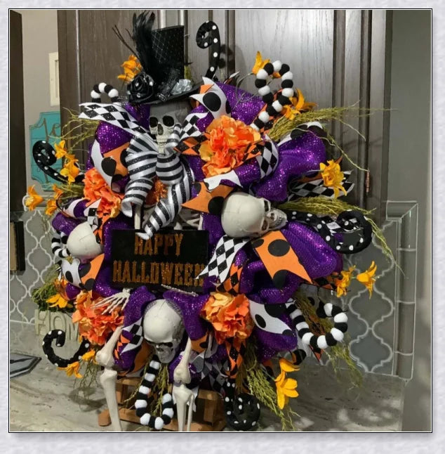 A captivating Halloween wreath featuring a stunning purple skull design in a natural, lifelike style.