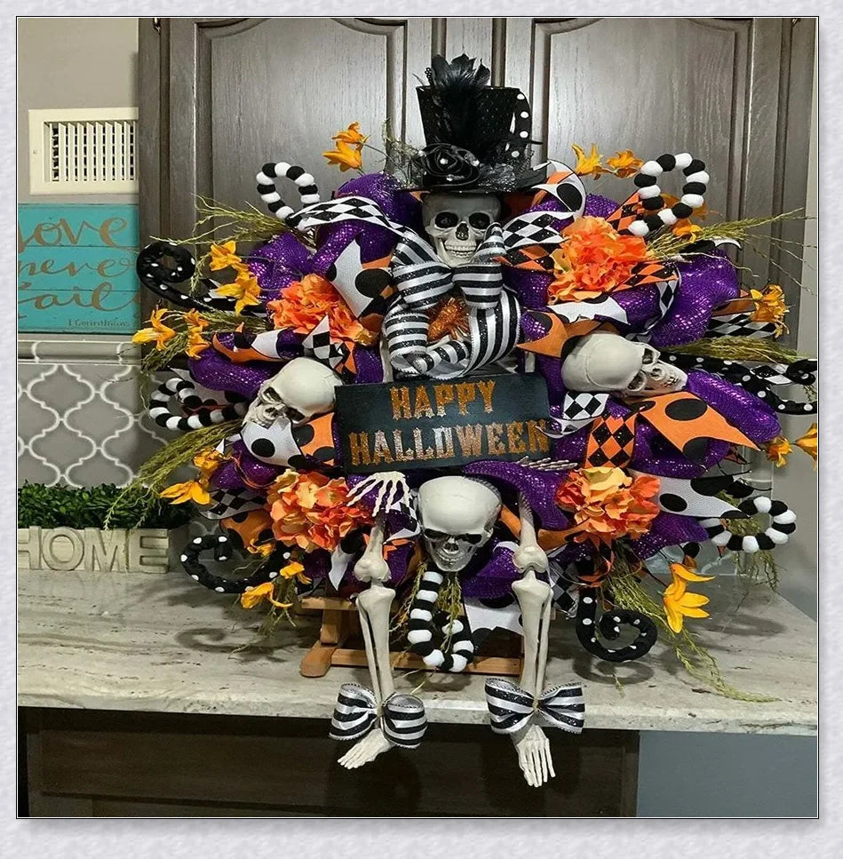 A captivating Halloween wreath featuring a stunning purple skull design in a natural, lifelike style.