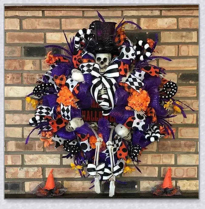 A captivating Halloween wreath featuring a stunning purple skull design in a natural, lifelike style.