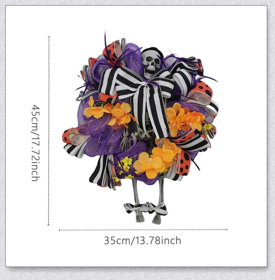 A captivating Halloween wreath featuring a stunning purple skull design in a natural, lifelike style.