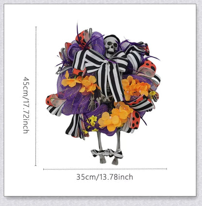A captivating Halloween wreath featuring a stunning purple skull design in a natural, lifelike style.