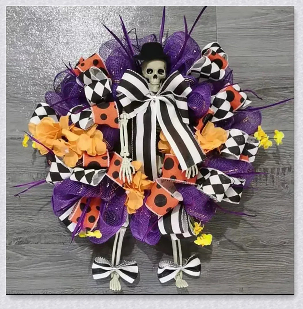 A captivating Halloween wreath featuring a stunning purple skull design in a natural, lifelike style.