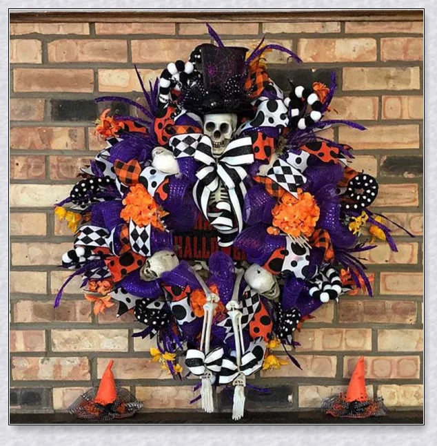 A captivating Halloween wreath featuring a stunning purple skull design in a natural, lifelike style.