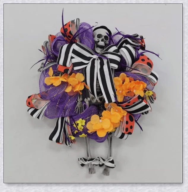A captivating Halloween wreath featuring a stunning purple skull design in a natural, lifelike style.