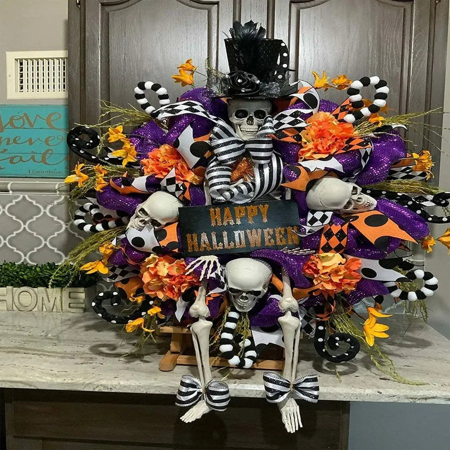 A captivating Halloween wreath featuring a stunning purple skull design in a natural, lifelike style.
