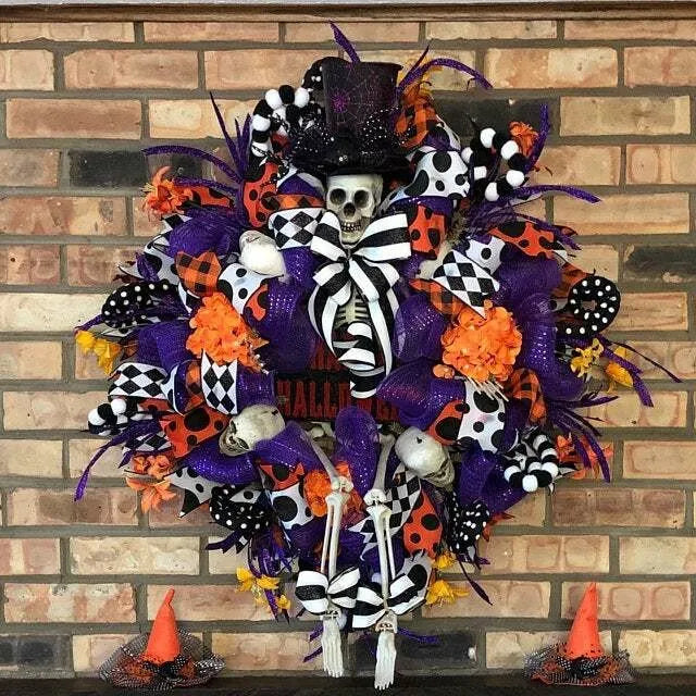 A captivating Halloween wreath featuring a stunning purple skull design in a natural, lifelike style.