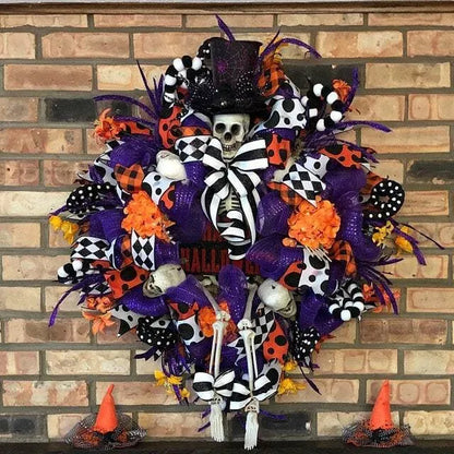 A captivating Halloween wreath featuring a stunning purple skull design in a natural, lifelike style.