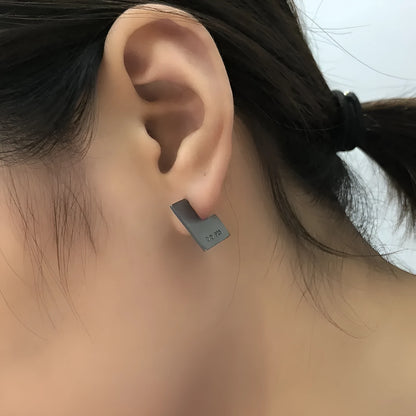 Square geometric silver earrings with oxidation black finish, 16mm diameter minimalist design