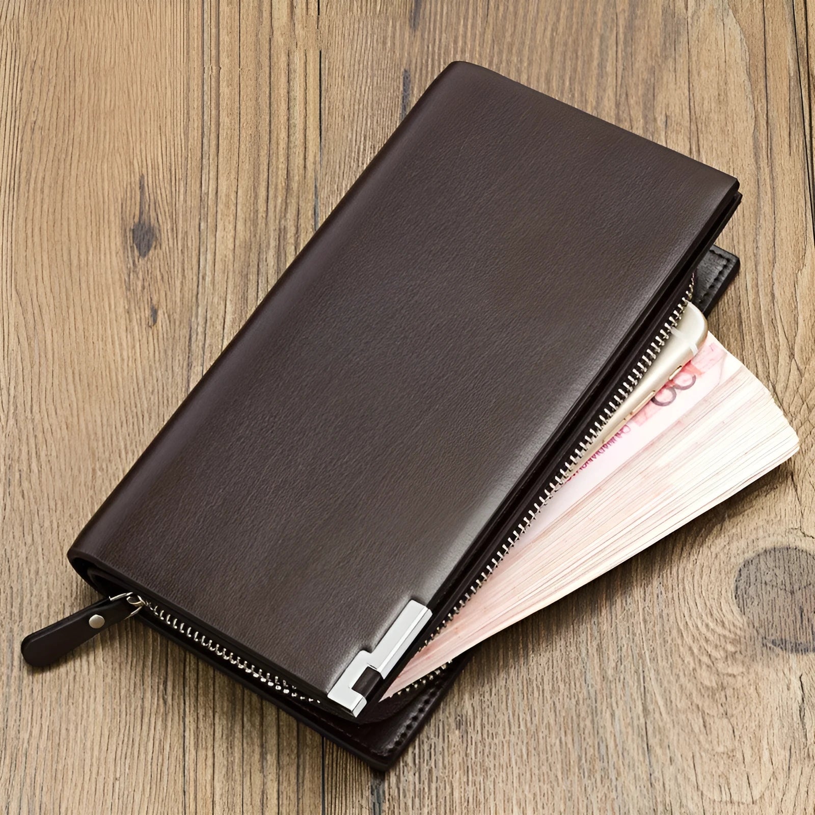 Men's long black PU leather zip wallet open showing card slots and cash compartment