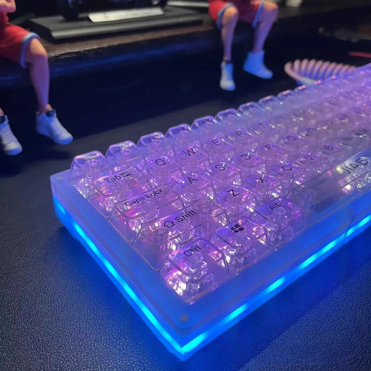 Full set of 132 transparent plastic keycaps for mechanical keyboard customisation on a white background.