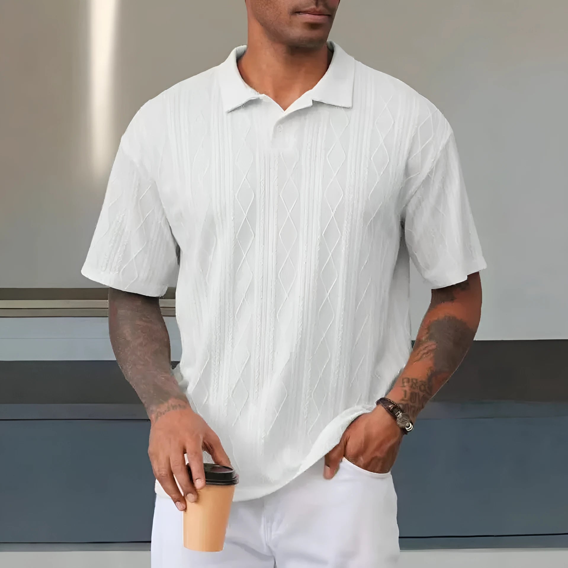 Retro button lapel short sleeve T-shirt in cotton blend fabric showing slit detail