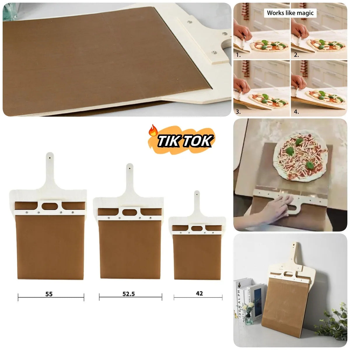 Wooden sliding pizza peel storage board in natural log colour with three size options.