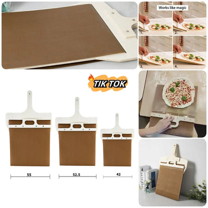 Wooden sliding pizza peel storage board in natural log colour with three size options.