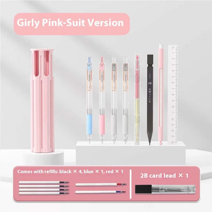Portable pressing pen pencil box kit with plastic case containing pens in vigorous white, sky blue, or girl pink colour