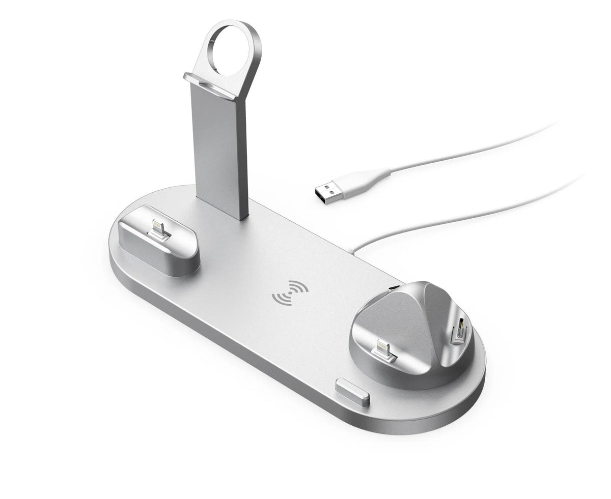 Black universal mobile phone and smartwatch charging stand with wireless pad on desk