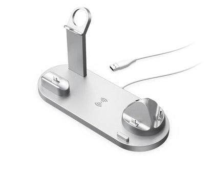 Black universal mobile phone and smartwatch charging stand with wireless pad on desk