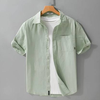 Men's casual short sleeve shirt in pure cotton with loose fit, shown in multiple colour options