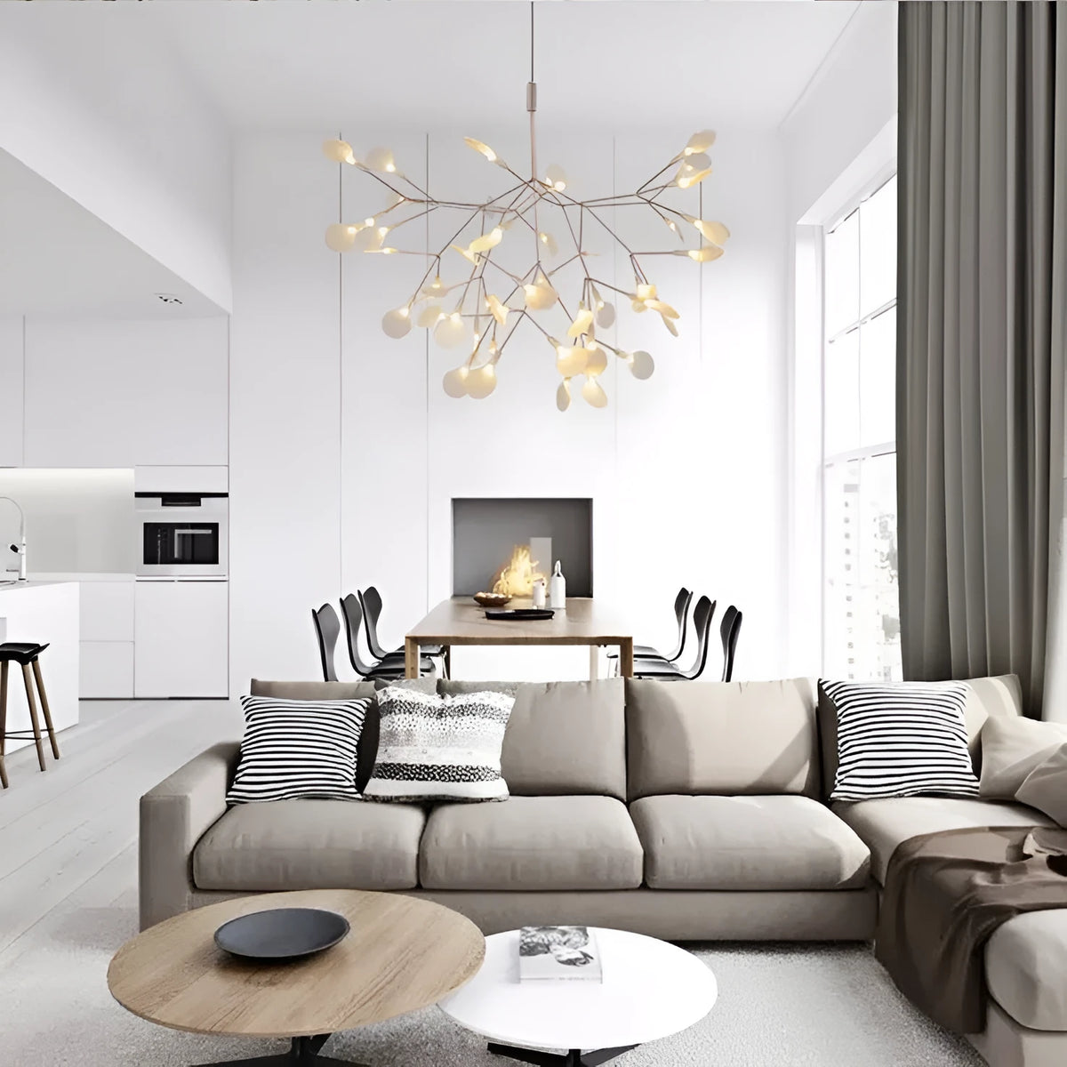 Nordic leafy branch chandelier in black or rose gold with 30 or 45 beads, for living room ceiling use