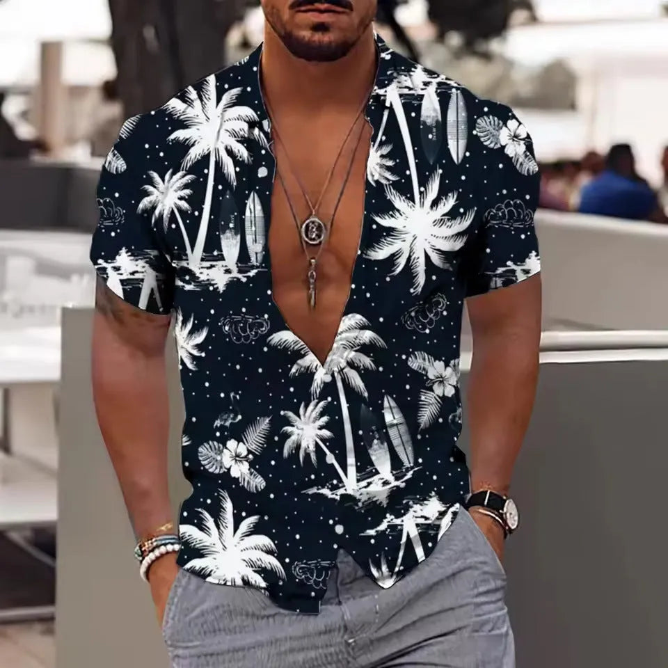 Men's loose fit short sleeve shirt with a colourful floral pattern, cardigan style.