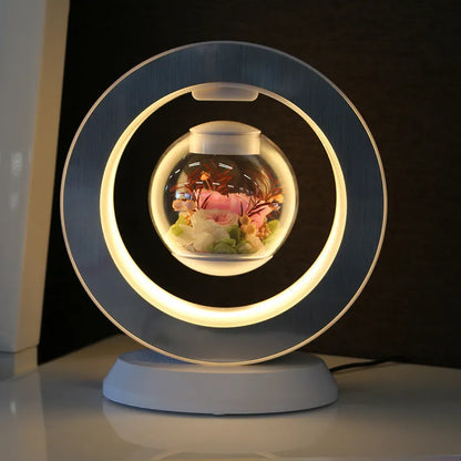Magnetic levitation eternal rose lamp with rotating 15cm flower sphere above white base