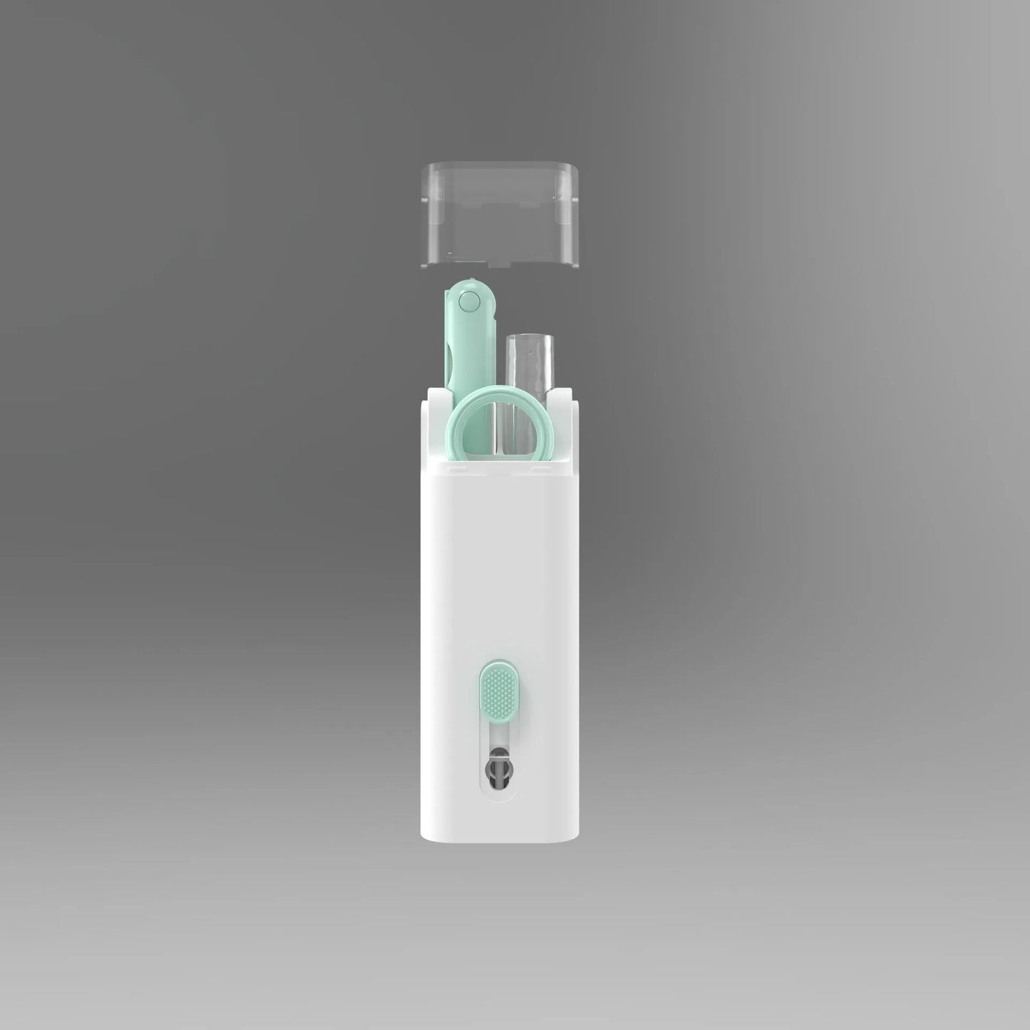 White electronics cleaning kit with a cleaning pen, spray bottle, brush, and keycap puller on a table